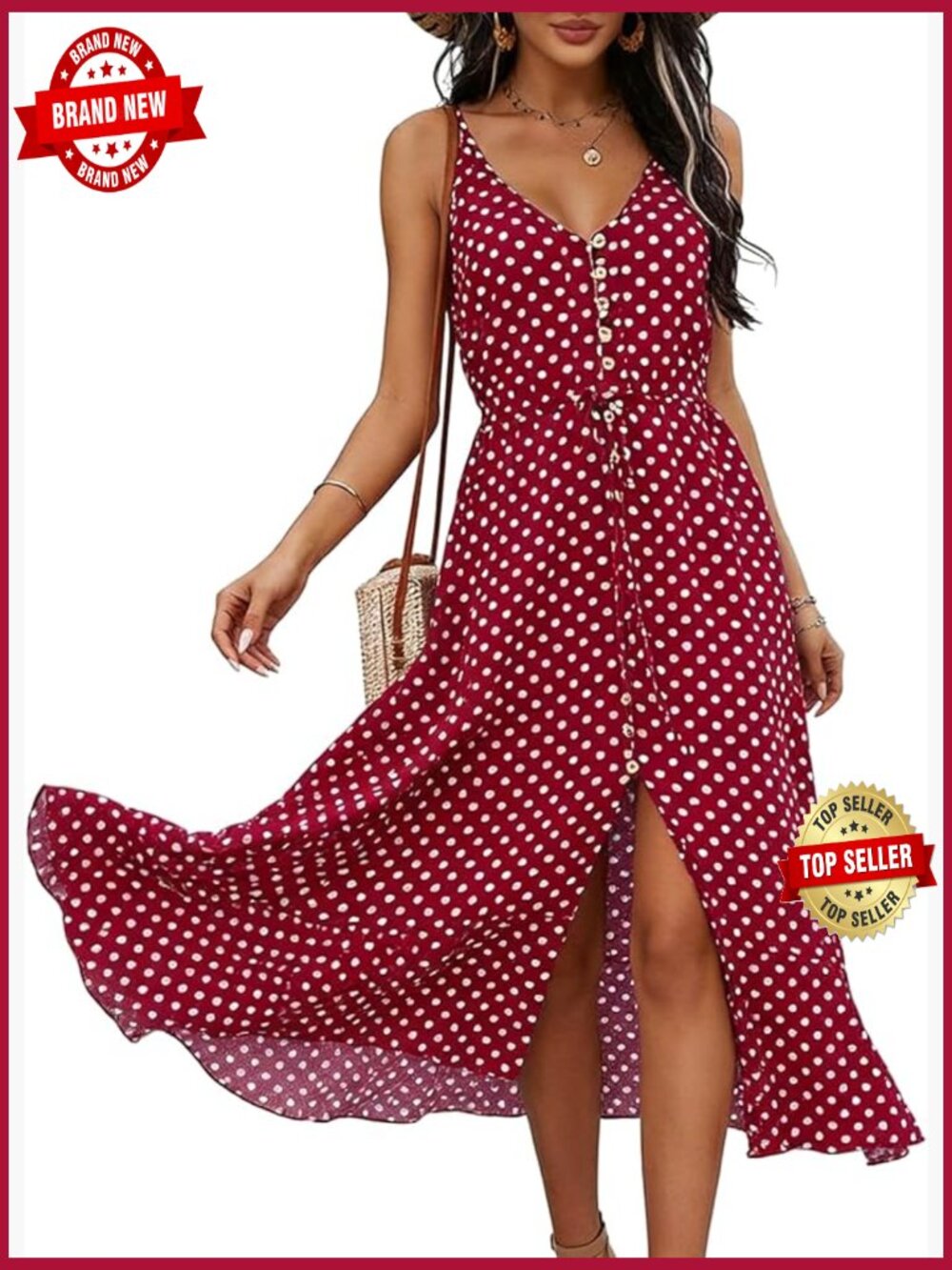 Sleeveless Polka Dot Midi Dress with Adjustable Straps